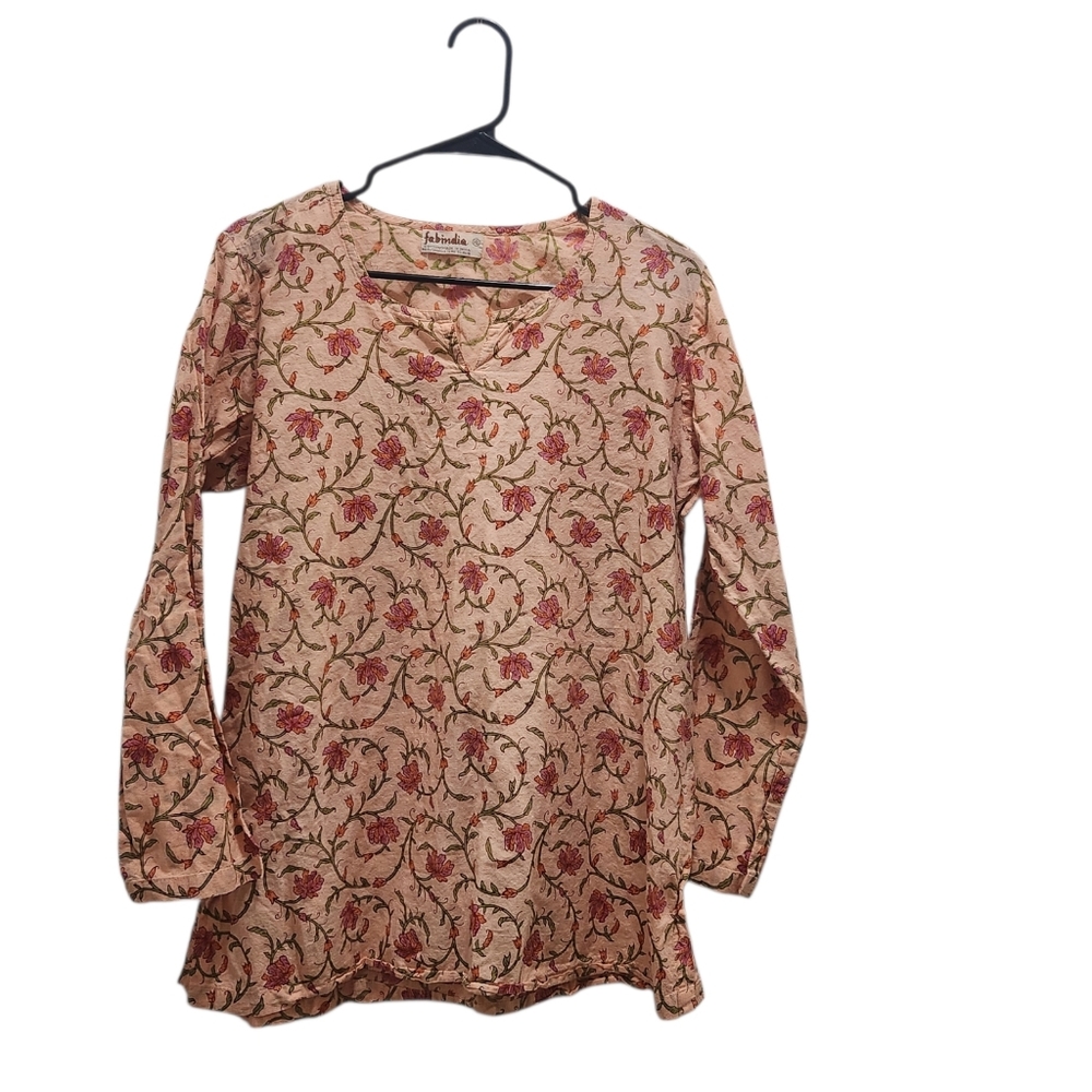 fabindia Peach Pink Floral V-Neck Long-Sleeve Kurta Tunic Slim Flit XL Cotton